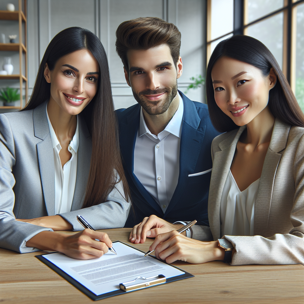 Realistic stock image of a couple signing a real estate contract.